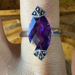 African Amethyst Marcasite Sterling Silver Ring Size 8